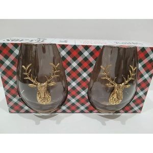 Set of 2 Reindeer Stag Stemless Wine Drinking Glasses